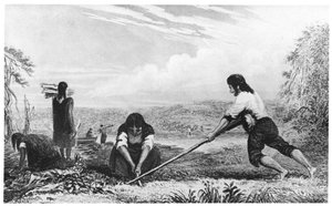 Eingeborene von Chiloe, Patagonien, benutzen einen Brustpflug, 1839 von Unbekannt