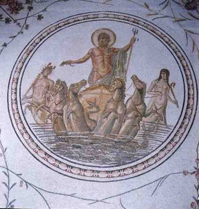 Neptun auf seinem Wagen, mit Hippokampen und Tritonen (Mosaik)