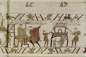 Nachrichten über Harold werden zu Wilhelm gebracht und ein Haus wird von den Normannen verbrannt, Teppich von Bayeux