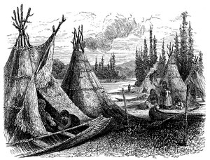Siedlung der nordamerikanischen Cree-Indianer im Sommer, 1874 von Unbekannt