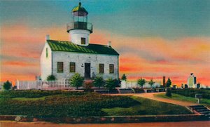 Alter spanischer Leuchtturm, erbaut 1850. San Diego, Kalifornien, ca. 1941