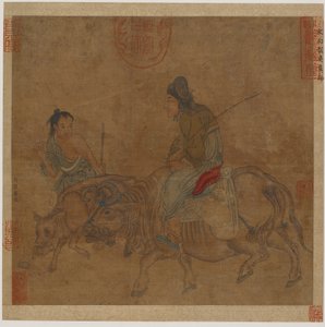 Alte Frau auf einem Ochsen, mit Hirtenjunge und Kalb, möglicherweise Ming-Dynastie, 1368-1644 von Unbekannt