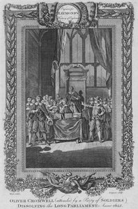 Oliver Cromwell, begleitet von einer Stadt von Soldaten, löst das Lange Parlament auf. Anno 1653, ca. 1787