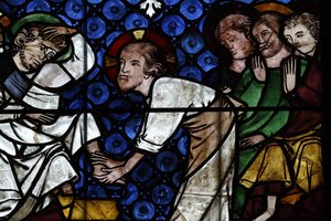 Unsere Liebe Frau von Straßburg Kathedrale. Glasfenster. Christus wäscht die Füße der Apostel. 14. Jahrhundert. Straßburg. Frankreich.
