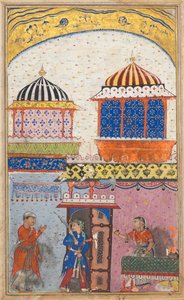 Seite aus Geschichten eines Papageis Tuti-nama: Achte Nacht: Eine Frau bittet ihren Liebhaber zu gehen..., ca. 1560 von Unbekannt
