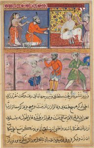 Seite aus den Geschichten eines Papageis Tuti-nama: Achte Nacht: Der Prinz kehrte an den Ort zurück..., um 1560 von Unbekannt