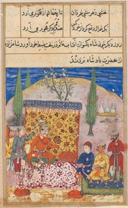 Seite aus den Geschichten eines Papageis Tuti-nama: Achte Nacht: Der junge Prinz wird vorgestellt..., 1558-1560