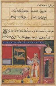Seite aus Geschichten eines Papageis Tuti-nama: Sechste Nacht: Der Papagei spricht zu Khujasta..., um 1560