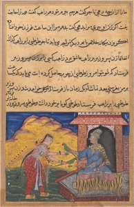 Seite aus den Geschichten eines Papageis Tuti-nama: Zehnte Nacht: Die Frau des Wesirs schickt die Magie..., um 1560 von Unbekannt