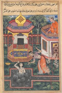 Seite aus den Geschichten eines Papageis Tuti-nama: Fünfunddreißigste Nacht: Der Sohn des Königs von Babylon, um 156 von Unbekannt