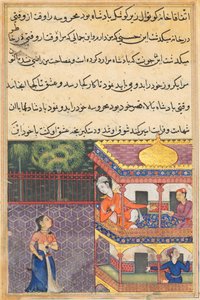 Seite aus Geschichten eines Papageis Tuti-nama: Sechsunddreißigste Nacht: Der König von Babylon..., um 1560 von Unbekannt