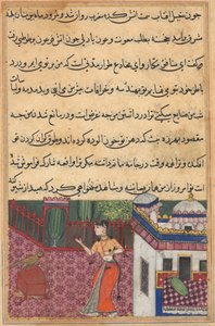 Seite aus den Geschichten eines Papageis Tuti-nama: Dreiunddreißigste Nacht: Der Papagei spricht Khujasta an..., ca. 15
