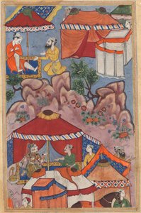 Seite aus Geschichten eines Papageis Tuti-nama: Vierundzwanzigste Nacht: Bashir gesteht seine Liebe, ca. 1560