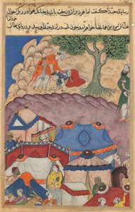 Seite aus Geschichten eines Papageis Tuti-nama: Vierundzwanzigste Nacht: Habbaza trifft Bashir, ca. 1560 von Unbekannt