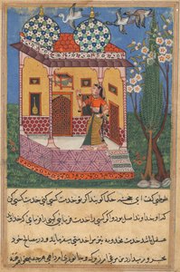 Seite aus Geschichten eines Papageis Tuti-nama: Sechsundzwanzigste Nacht: Der Papagei spricht Khujasta an..., um 1560
