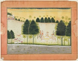 Seite aus einem Bhagavata Purana: Nanda und die Ältesten im Rat mit den Gopas, ca. 1690-1700