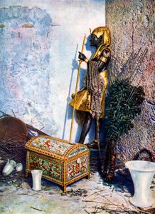 Bemalte Kleidertruhe, die am Fuß der Statue von Tutanchamun liegt, Ägypten, 1933-1934