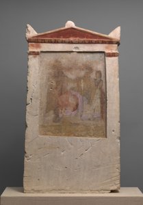 Bemalte Kalkstein-Grabstele mit einer Frau bei der Geburt