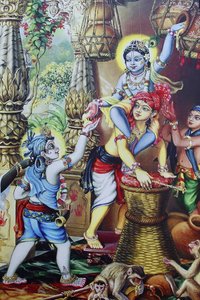 Gemälde des hinduistischen Gottes Krishna als Kind, das mit seinen Brüdern spielt, Indien von Unbekannt
