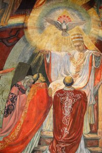 Paris, Frankreich. Kirche Saint-Esprit. Fresko, das die Versammlung des Zweiten Vatikanischen Konzils darstellt, Paris, Frankreich