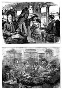 Passagiere in einem Zug von London nach Glasgow, 1884