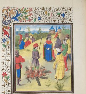 Peter Bartholomäus unterzieht sich der Feuerprobe. Miniatur aus der Historia von Wilhelm von Tyrus, 1460er Jahre