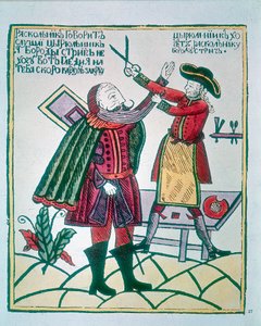 Peter I., der Große 1672-1725, Zar von Russland, schneidet den Bart eines Bojaren von Unbekannt