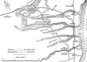 Plan der Märsche von Pearson Jan., 1879 und von Chelmsford April, 1879 nach Etschowe, um 1880