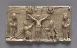 Plakette von einem tragbaren Altar, die die Kreuzigung zeigt