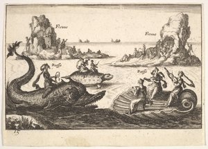 Tafel 15: Flüsse und Göttinnen, mit schwebenden Inseln, die von Stangenführern geleitet werden, weibliche Figur..., 1664 von Unbekannt