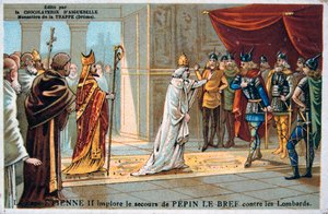 Papst Stephan II. bittet um die Sicherheit von Pippin dem Kurzen vor den Langobarden, um 750 n. Chr., 19. Jahrhundert von Unbekannt