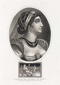 Porträt von Kleopatra (Thea Philopator, 69-30 v. Chr.), mit einer Szene, die ihren Aufstieg auf den Thron von Ägypten beschreibt, umgeben von römischen Legionären