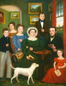 Porträt einer unbekannten Familie mit einem Terrier, ca. 1825-1835 von Unbekannt