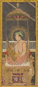 Posthumes Porträt von Kaiser Jahangir unter einem Baldachin recto, Kalligraphie verso, ca. 1650