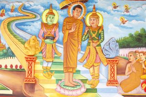 Preah Prom Rath Kloster: Leben Buddhas: Buddha besucht den Himmel und trifft die Götter Indra und Brahma, Siem Reap, Kambodscha