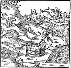 Salzgewinnung durch Verdampfen von natürlicher Sole durch Einfüllen in eine Grube mit brennender Holzkohle, 1556