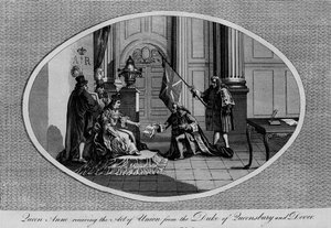 Königin Anne erhält das Unionsgesetz vom Herzog von Queensberry, 1707 1793 von Unbekannt