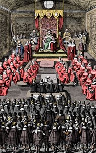 Königin Elisabeth I. im Parlament, 16. Jahrhundert, ca. 1902-1905 von Unbekannt