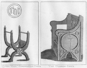 Krönungsstuhl von Königin Mary und der Dunmow-Stuhl, um 1790