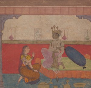 Radha spricht zu Krishna: Seite aus dem Boston Rasikapriya Liebesbrevier, ca. 1610