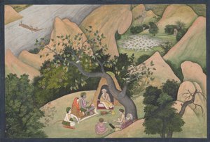 Rama, Sita und Lakshmana in der Einsiedelei von Bharadvaja: Illustrierte Folio aus..., ca. 1780 von Unbekannt
