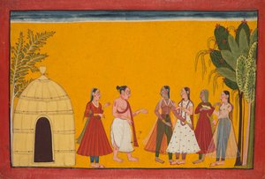 Rama und Sita werden zum Priester gebracht, um das Hochzeitsdatum festzulegen, Seite aus dem Ramayana..., ca. 1700-17