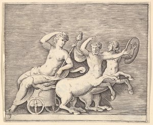 Liegende weibliche Figur auf einem von zwei Kentauren gezogenen Wagen, veröffentlicht ca. 1599-1622