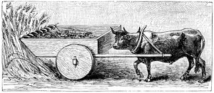 Rekonstruktion einer Erntemaschine, die im antiken Gallien zur Römerzeit verwendet wurde, wie von Plinius beschrieben, ca. 1890 von Unbekannt