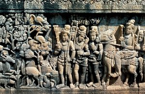 Relief zeigt Szene aus einer Sutra, Barabudur, Java, ca. 750-850