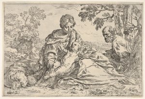 Ruhe auf der Flucht nach Ägypten, Maria hält das Jesuskind mit St. Joseph