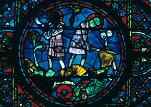 Roland zerbricht sein Schwert und bläst sein Horn, Buntglas, Kathedrale von Chartres, Frankreich, 1194-1260