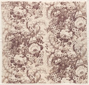 Rollenbedruckte Baumwolle mit Design einer Frau, die eine Laute spielt, frühe 1800er Jahre