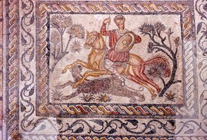 Römisches Mosaik eines Reiters, der einen Leoparden jagt, Merida, Spanien, ca. 2.-3. Jahrhundert von Unbekannt