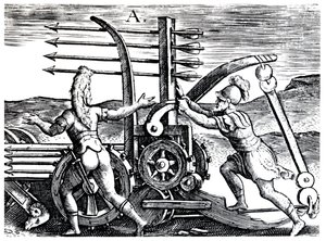 Römische Soldaten benutzen eine Kriegsmaschine, die mehrere Pfeile abschießt, 1605 von Unbekannt